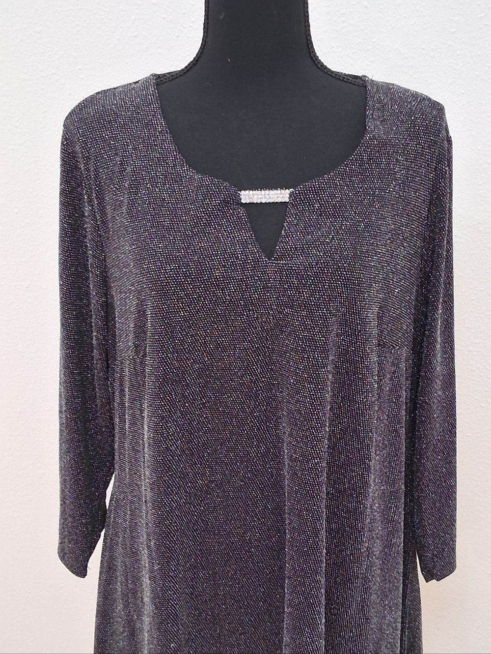 Avenue Black Shimmery Long-Sleeve Top with Rhinestone Bar